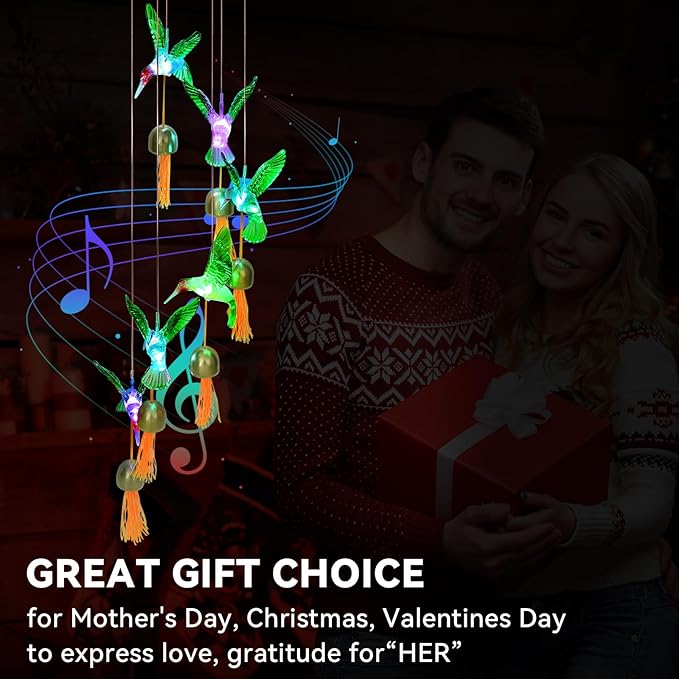 Hummingbird Gifts for Women Mom Grandma,Hanging Solar Wind Chimes for Outside,Waterproof LED Gardening Garden Decor Lights for Festival Birthday Gifts for Girlfriend Wife (Black Housing)