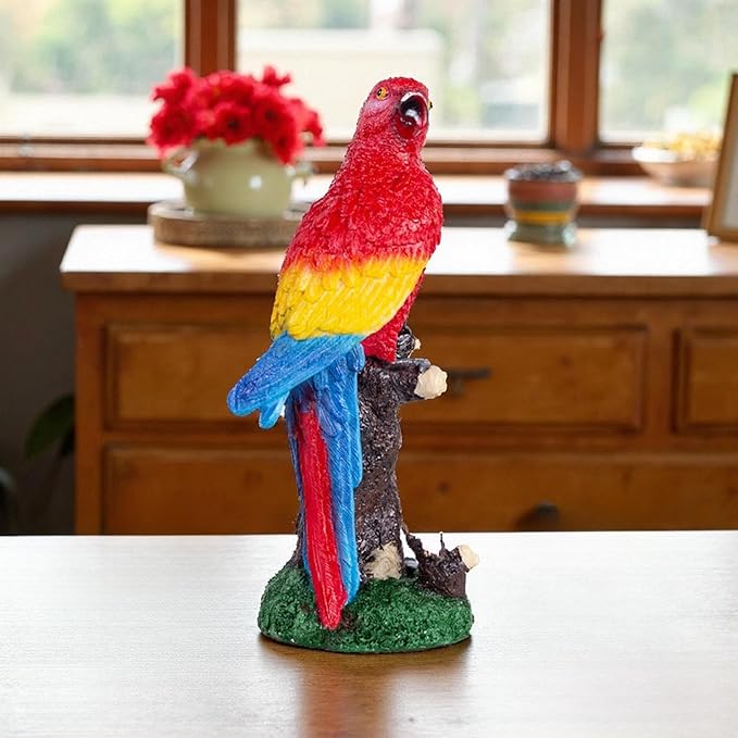 Decorative Tropical Parrot Garden Statue, Bird Red Scarlet Macaw Parrot Perching On Tree Branch Decorative Figurine Parrots Birds Vibrant Colors Accent Forest Nature Sculpture Decors
