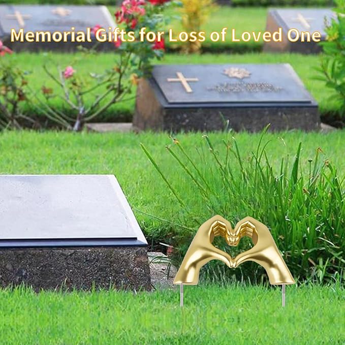 FlidRunest Cemetery Grave Heart Hands Sculpture with Metal Ground Plug, Headstone Resin Heart Gesture Hands for Graves, Grave Decorations, Memorials, and Sympathy Gifts for the Loss of Loved Ones Gold