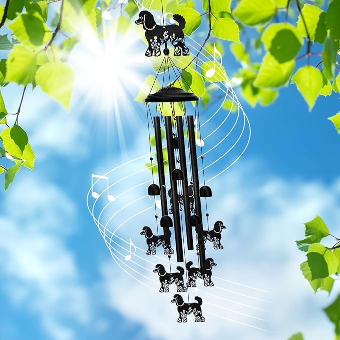 Poodle Wind Chimes for Outside, 34.6 Inch Weather-Resistant Metal Wind Chimes with 4 Aluminum Tubes, Pet Memorial Sympathy Gift for Poodle Dog Lovers, Patio Yard Garden Decor