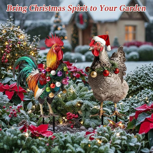 SUPVOX Christmas Rooster Chicken Yard Signs with Stakes 2pcs Metal Xmas Outdoor Yard Chicken Signs Christmas Animal Yard Sign Art Decoration for Lawn Garden Holiday Supplies