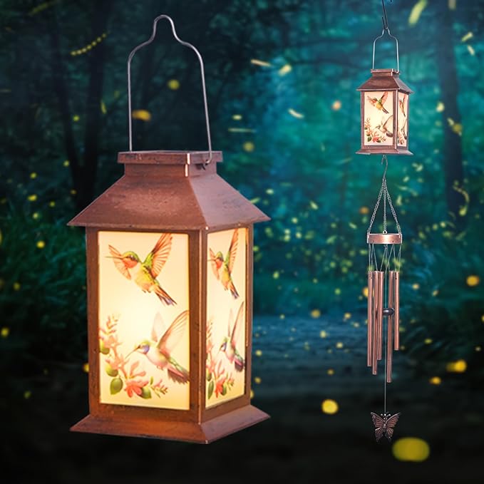 Hummingbird Solar Lighten Wind Chime with Lantern Design - Outdoor Decorative Wind Bells for Garden, Porch, Balcony - Relaxing Nature Sounds- Gifts for mom๏ผFriend๏ผSister๏ผGrandma