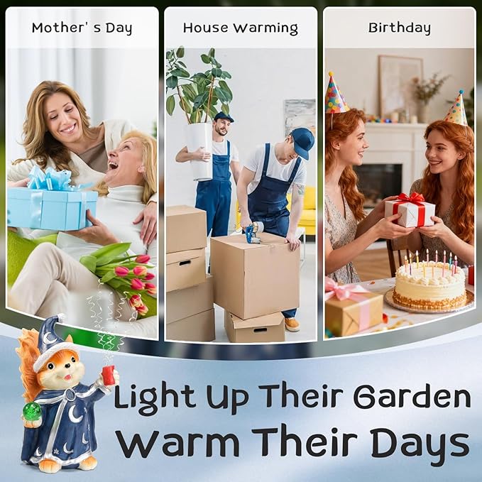 HUYIENO Solar Garden Statue 9.7" Outdoor Decor with LED Firefly String Lights, Waterproof Solar Powered Figurine for Patio, Yard, Lawn, Porch, Halloween, Housewarming Mom & Birthday Gift Squirrel