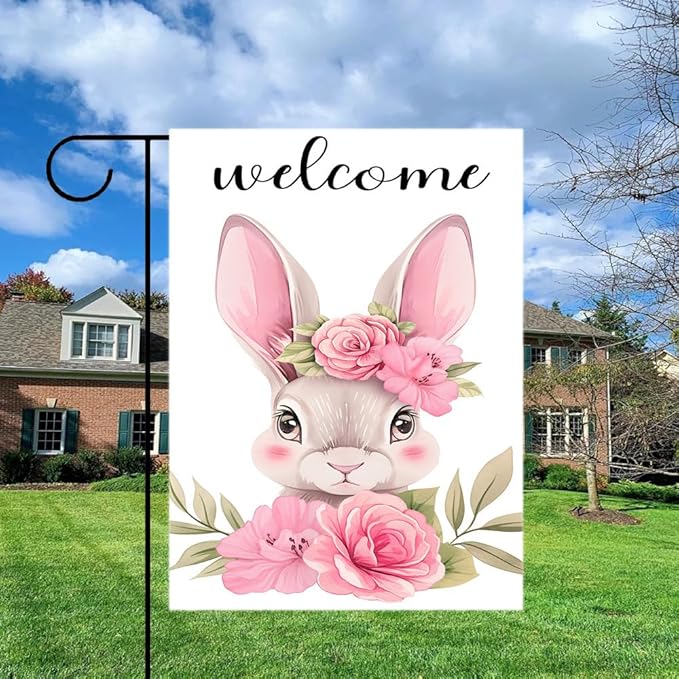 Gkyygk Garden Flag Welcome Cute Pink Rabbit Flowers Double Sided 12x18 Inch Banners Yard House Outside Outdoor Summer Decoration