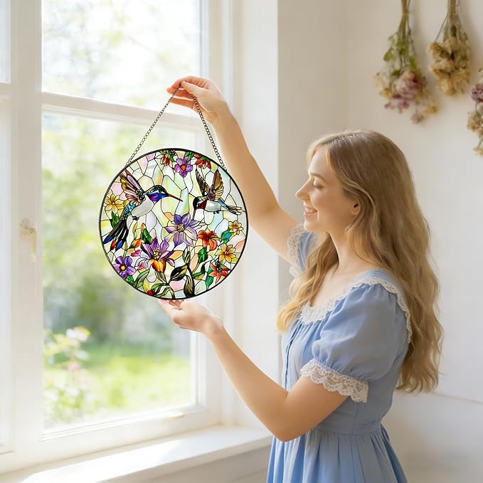 9.8In Hummingbird Stained Glass Window Hanging, Large Stained Glass Suncatcher for Indoor Home Decor, Vibrant Bird & Flower Window Suncatcher Ornament for Garden, Ideal Gift for Women Mom Bird Lovers