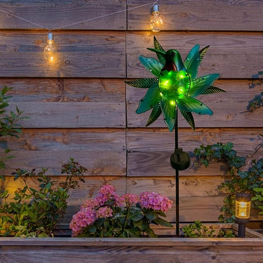 Hummingbird Wind Spinner Garden Decor, Metal Wind Spinner Lights Outdoor Solar Garden Decor, Lighted Pathway Yard Spinner Wind Sculpture, Solar Powered Path Lights Kinetic Wind Catcher for Outside