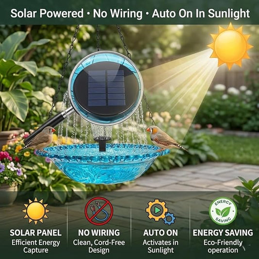 Hanging Solar Bird Bath Fountain - Outdoor Hanging Bird Bath with Solars Pump & Glass Bowl for Patio Yard Decor (Blue)