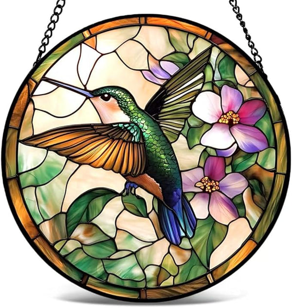 Stained Glass Window Hanging - Green Hummingbirds and Purple Flowers 6.3 Inches Suncatcher for Garden Home Decor for Women Mon Grandma Friends