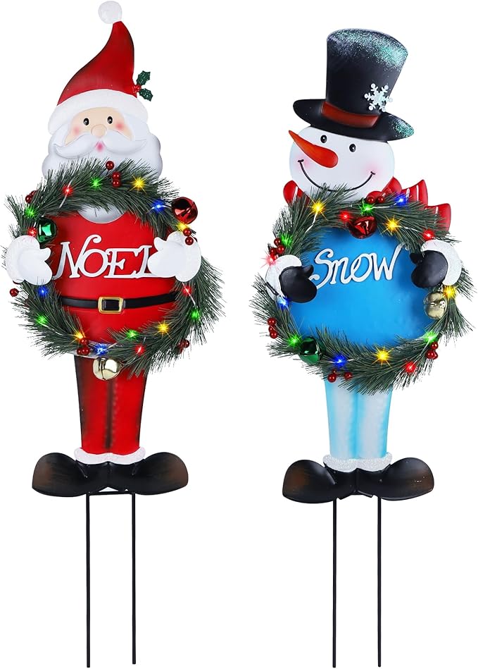 Lighted Christmas Decorations Outdoor, 2 Pack 30" Height Santa & Snowman Xmas Yard Signs Metal Garden Stakes with LED Lights, Battery Powered for Holiday New Year Winter Walkway Patio Lawn