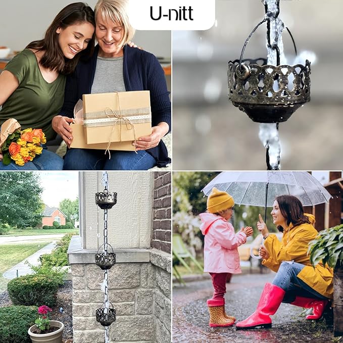 U-nitt Rain Chain Water Collection for Gutters Rainwater Catcher & Diverter, 8.5 FT Chains for Outside Garden, Antique Copper Cups, Roof Downspout, Works with Heavy Rain, w/ Gutter Clip for Rainchains