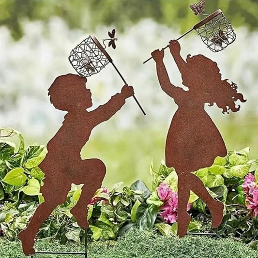Metal Garden Sculpture Boy Girl Art Silhouette Garden Decor Stakes Iron Outdoor Statues Halloween Yard Decoration (Boy-Large)