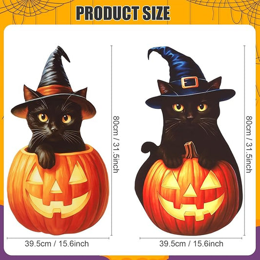 Large Outdoor Halloween Yard Signs, 2 PCS 31 inch Pumpkin Black Cat Halloween Yard Stakes Kids Friendly for Lawn Garden Home Decor Outside Party Supplies