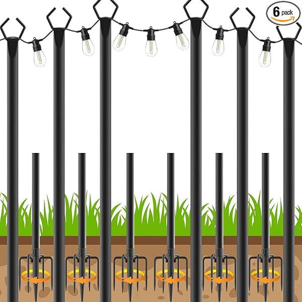 AHRLHR 6 Pack String Light Poles, Outdoor String Light Pole 10 ft Forked Metal Light Pole with Adjustable Outdoor Light Stand, Deck, Backyard, Garden, Wedding, Rustproof and Sturdy with Hooks.
