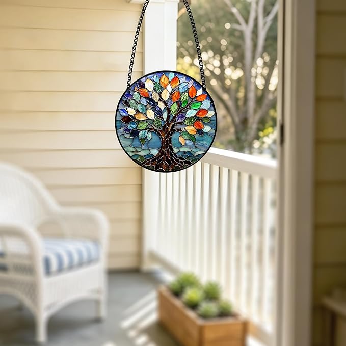 Stained Glass Window Hanging, Tree of Life Sun Catchers Glass Panel Colorful Suncatcher Decor for Birthday, Women, Men, Wife, Aunt, Lovers, Home Garden 7.8 in