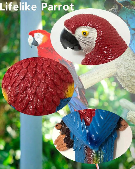 2Pcs Large Parrot Decor Outdoor Tiki Bar Decorations Realistic Parrot Statues for Pool Hawaiian Tropical Decor, 12.5" Lifelike Fake Macaw Sculptures for Palm Tree Jungle Garden Patio Yard(Green, Red)