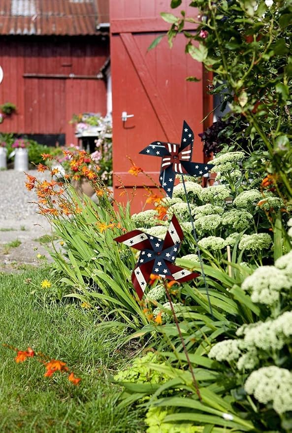 Linfevisi Metal Patriotic Pinwheels for Independence Day American Flag Metal Pinwheel Garden Stake Wind Spinners Red White and Blue 4th of July Decorations Memorial Day Lawn Ornaments Yard Art 36" H