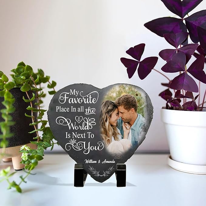 Nazenti Custom Photo My Favorite Place In All The World Is Next To You, Couple Personalized Heart Shaped Stone With Stand, Gift For Husband Wife Anniversary