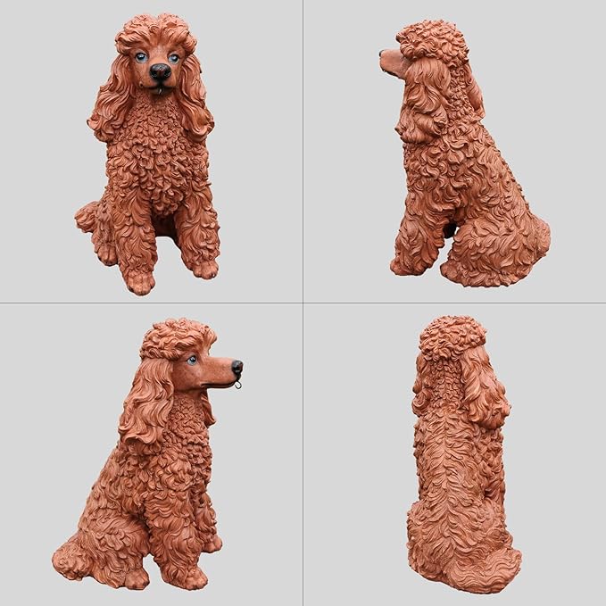 Poodle Dog Garden Statue with Solar Lantern & Double-Sided Welcome Sign, 14.4" Tall Outdoor Pet Sculpture Decor for Front Porch, Patio, Yard and Lawn, Dog Lover Gifts (Brown)