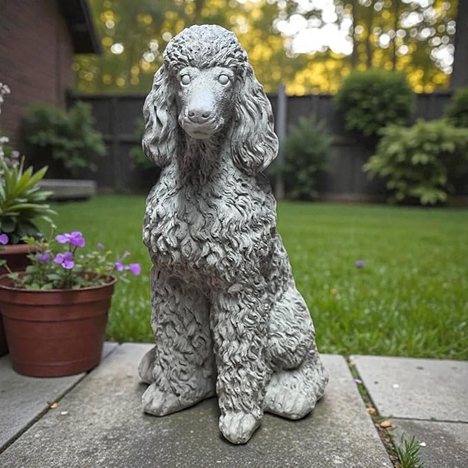 Poodle Concrete Statue Outdoor Dog Garden Figure Pet Memorial Stone Cement Sympathy Gift Yard Sitting Puppy Sculpture Pets Lovers Gift Patio Decoration