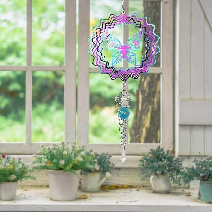 Andiker Butterfly Wind Spinner with Tail Spinner, 3D Gradient Color Garden Spinner with Ball Spiral Tail, Metal Hanging Wind Chime for Indoor Outdoor Garden Decoration (Colorful Butterfly)