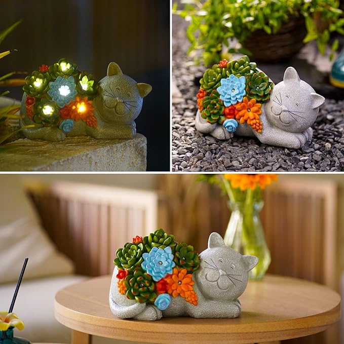 Qeeman Garden Solar Cat Statues: Outdoor Figurine Decor Ornaments for Patio Art Balcony Yard Lawn - Birthday Gifts for Mom Grandma Women