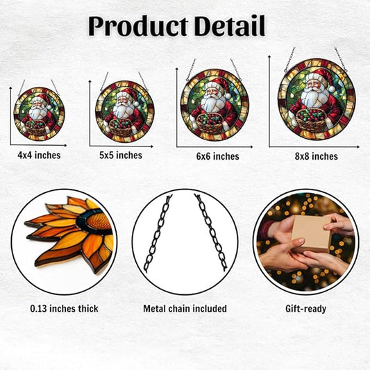 Santa Claus Acrylic Suncatcher Stained Glass Effect Window Car Hanging Christmas Ornament Indoor Outdoor Decor Garden Sun Catcher Panel for Christmas Lover for Women Mom Grandma