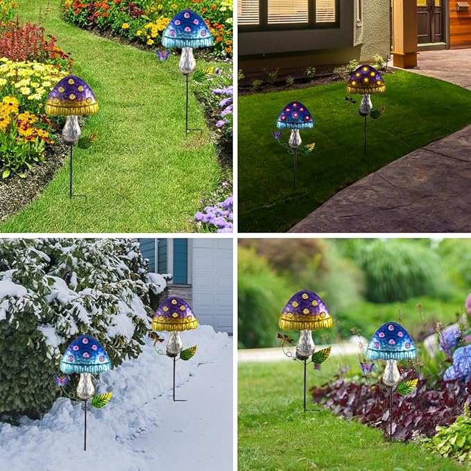 Solar Mushroom Lights for Outside 2 Pack,Mushroom Solar Lights Outdoor Metal Stakes Decorate Garden,Path,Backyard,Flower Bed,Pathway,Lawn