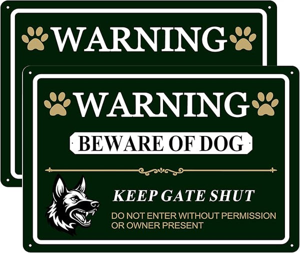 Large Beware of Dog Sign Keep Gate Shut Do Not Enter Signs, 14"x10".04"Metal Heavy Duty Wall Decor, Reflective Aluminum,UV Ink Printing,Weatherproof for Indoor/Outdoor with Easy Mount, 2 Pack