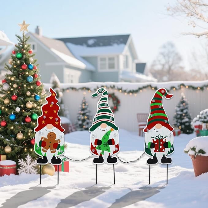 WONDER GARDEN 3 PCS Christmas Gnomes Yard Signs Christmas Decorations Outdoor, Metal Xmas Yard Stakes Gnomes Lawn Decor, Xmas Garden Stakes with Led Lights for Patio Pathway Outside Decorations