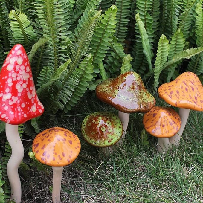 Ceramic Mushroom Outdoor Decor - 2pcs Mushroom Statue Decor for Garden, Lawn, Flower Pot Fairy Garden Stake 8.27'' in Height