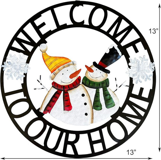 Welcome to Our Home Rustic Metal Snowmen Hanging Welcome Signs Wall Decor Front Door Wreaths Garden Fence Patio Porch Yard Winter Christmas Holiday Indoor Outdoor Decorations 13''H
