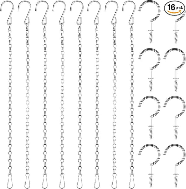 Hotop 8 Pcs Metal Hanging Chains with Ceiling Hooks, Garden Plant Hangers for Hanging Bird Feeders, Billboards, Chalkboards, Basket, Planters, Lanterns, Wind Chimes, Chain Hook DIY(16.38 Inch,Silver)