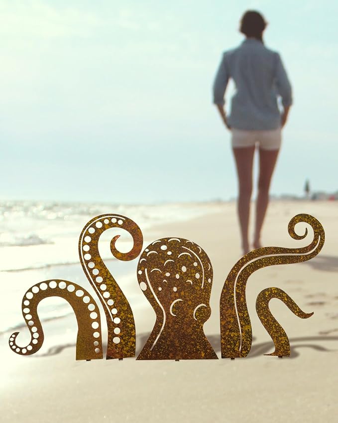 Octopus Garden Sculpture, Octopus Silhouette Artistic Metal Garden Sculpture Squid Garden Figurine Ornaments for Lawn Yard Outdoor Backyard Statue Decorations (50CM)