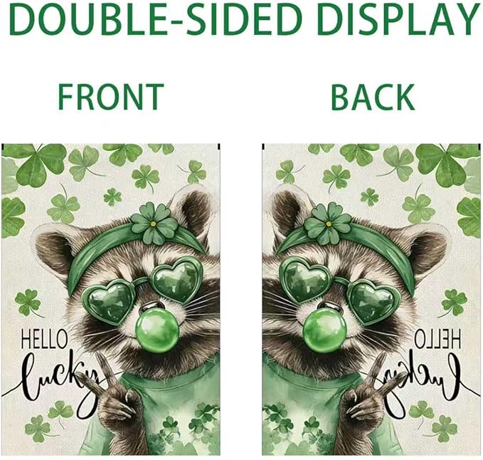 St. Patrick's Day Garden Flag, 12x18 Double Sided Raccoon Lucky Shamrock Garden Flags for Outside, St. Patrick's Day Decorations, Spring Seasonal Flags, Green Luck Clover Yard Flag for Outside Decor