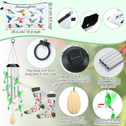 Wenqik 3 Pcs Christmas Hummingbird Gifts Set for Women Include Hummingbird Solar Wind Chimes Socks Makeup Bag Gift for Humming Bird Lover Mother Mom Grandma Wife Sister Her Birthday Xmas Gifts
