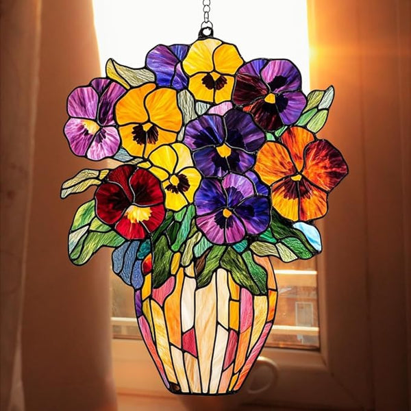 Pansy Bouquet Flower Acrylic Suncatcher, Flower Suncatchers for Window Hangings, Stained Glass Effect Garden Decor, Gift for Mother's Day, Mom, Grandma, Wife, Women
