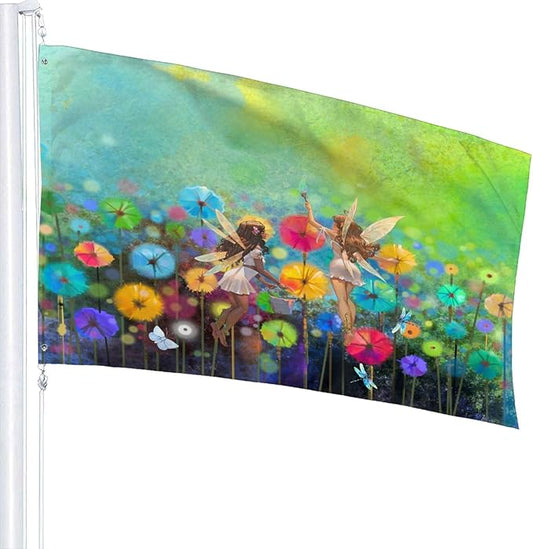 Spring Summer Seasonal Green Floral Flowers Art Flag 3x5 Ft Outdoor Indoor With Grommet Fairy Dragonfly Garden Yard Home Room Banner Decorative Sign