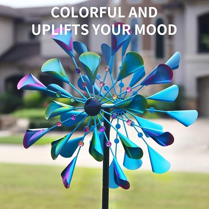 DECOROCA Kinetic Wind Spinners Outdoor - Large Metal Wind Sculptures & Spinners Yard Patio Lawn Garden Decorations, Windmill Clearance with Stable Metal Stake(Peacock-Blue)