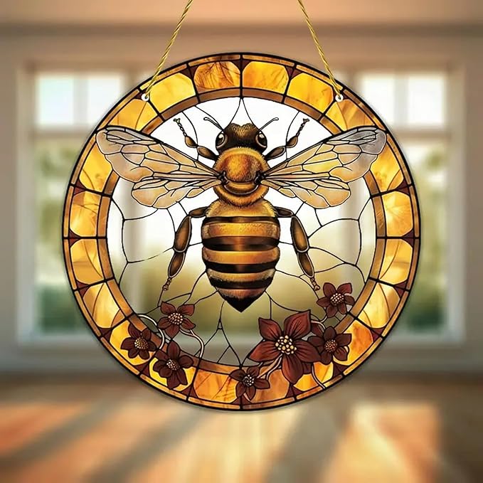 7.9inch Bee Suncatcher for Window Hanging,Floral Acrylic Suncatcher with Chain Window Decor for Home,Indoor, Garden, Housewarming Round Ornament, Gift for Women Friend
