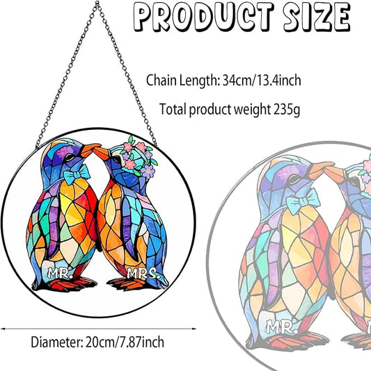 Wedding Gifts Sun Catcher Stained Glass Window Hanging Penguin Couple Wall Decor Handmade Ornament Light Catcher Mr & Mrs Couples Gift Bridal Shower Gift for Couple, 7.87inch