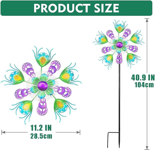 Solar Peacock Wind Spinners for Yard and Garden, 40 Inch Solar Windmill Garden Whirligig Kinetic Spinners Decor for Lawn,Patio&Yard, Metal Whirligigs Green Wind Spinners Outdoor