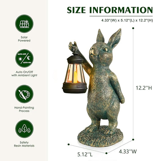 Rabbit Garden Statues with Solar Lantern Bunny Outdoor Resin Sculpture for Patio Yard Lawn Decorations Gifts for Mother’s Day Housewarming Easter