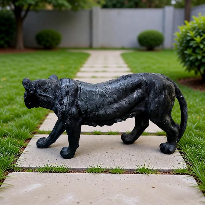 Large Black Tiger Statue Outdoor Garden Sculpture - 33.46" L x 15.75" H Weather Resistant Wildlife Animal Figurine Decor Feng Shui Protection Beast for Patio, Lawn, Yard, Pathway