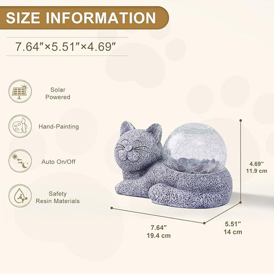 Solar Cat Garden Statue Large for Outdoor Decor with Cracked Glass Figurine Lighting Resin Succulent Cat Decorations Patio Lawn Yard Housewarming Mom Gifts
