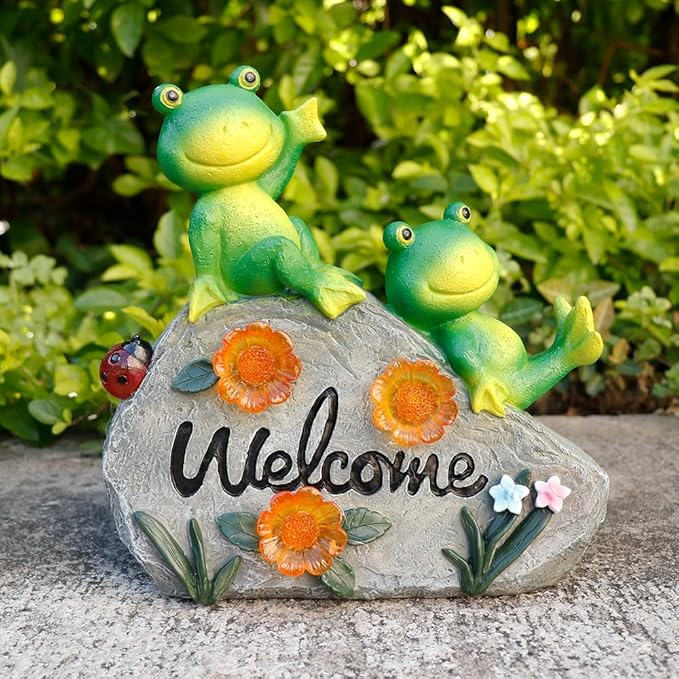 Generic Solar Garden Outdoor Statues Solar Frog Garden Decor Lawn Decor Frog Figurine for Patio with 4 LED Light Cute Frog Face with Solar Lights Gardening Gifts for Mom, Green