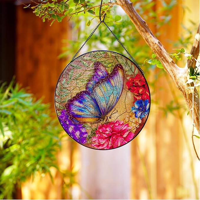 RIVEENY Stained Glass Butterfly Window Hanging, 10" Sun Catcher Gift for Women, Glass Ornament Window Decor for Garden Butterfly Lovers