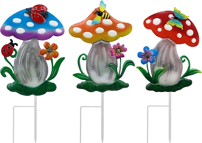 Decorative Garden Stakes, 3 Pack Mushroom Lawn Ornaments Metal Garden Stakes, Colorful Yard Art for Garden, Lawn, Porch.