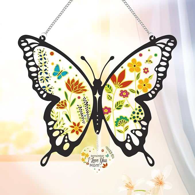 Butterfly Stained Glass Window Hanging 9.8 Inch Colorful Flower Suncatcher Decor for Window Door Wall Art Home Decoration Christmas Hanging Ornament Birthday Butterfly Gifts for Mom, Women