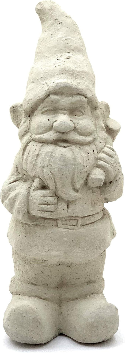 Garden Gnome with Mallet: Solid Durable Stone Statue with Vintage Texture. Sealed for Outdoors. Handcrafted USA. (Classic/White)