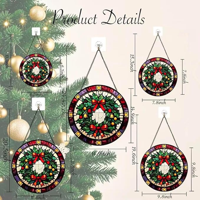 Stained Glass Window Hanging - Christmas Wreath Ornament 6.3 Inches Suncatcher for Garden Home Decor for Women Mon Grandma Friends